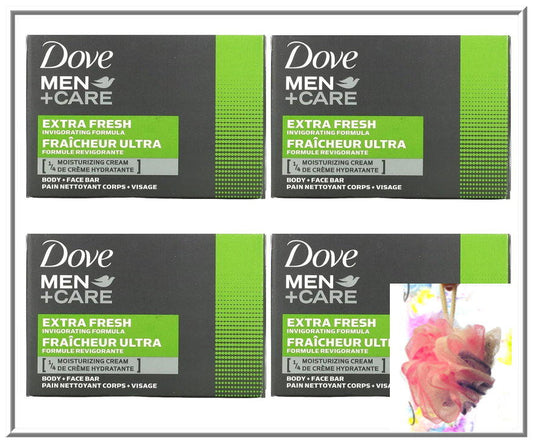 (4 PK) Dove Men+Care 3 in 1 Bar Soap for Body and Face |Hydrate Skin. Extra Fresh Invigorating - ¼ Moisturizing Soap - 3.51Oz each x 4 + Loofah Multicolor Jumbo size Sponge