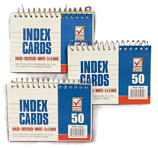 INDEX CARDS - SPIRAL 3X5'' RULED/WHITE 50SHEETS 3PK