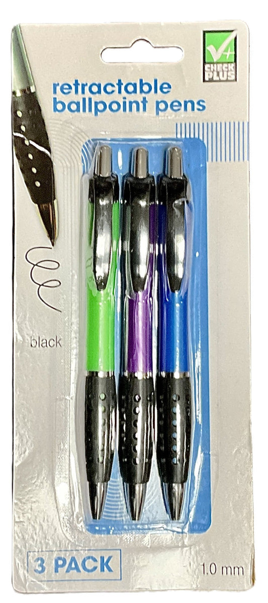 RETRACTABLE BALL POINT PENS ASSORTED COLORS 3PK
