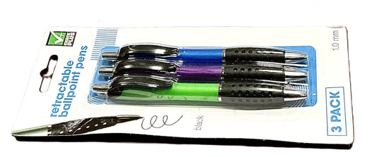 RETRACTABLE BALL POINT PENS ASSORTED COLORS 3PK