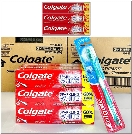 Colgate Sparkling White Toothpaste with Cinnamon and Natural Mint Flavor for Kids and Adults, 6 Pack + 1 Colgate Tooth Brush