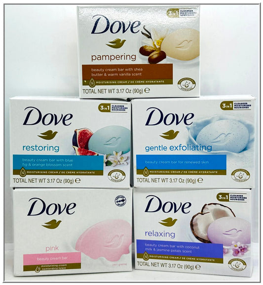 Dove, Beauty Bar Soap Variety Pack of 10, Shea Butter, Blue Fig & Orange Blossom, Coconut Milk, Pink, and Gentle Exfoliating each 3.17 oz/90g (5 Scents, 2 Each)