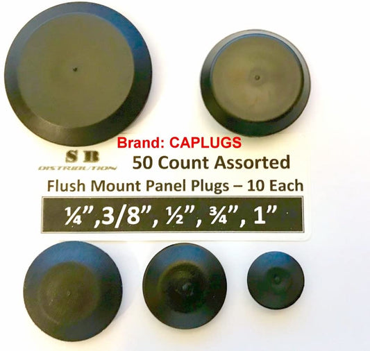 (Lot of 50) || CAPLUGS || Assorted 10 Each ( 1/4", 3/8", 1/2",3/4", 1") Flush Mount Black Hole Panel Plugs for Auto Body and Sheet Metal | Furniture Decor | by SBD