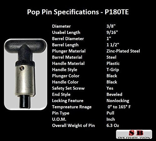 SBDs Pull Pin - 1" Diameter x 1-1/2" Length Weld-On Steel Barrel || 3/8" to 1/2" Diameter Steel Spring-Loaded Zinc Plated Plunger || Black Plastic T-Handle 2-1/4" Width x 3/4" Diameter