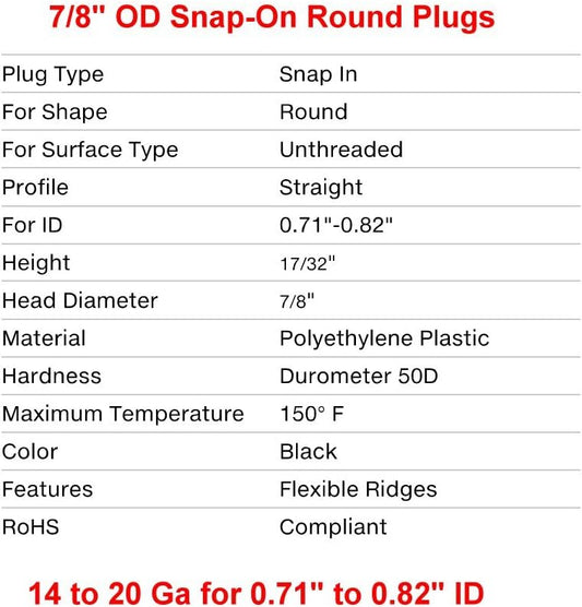 (Pack of 10) 7/8" Round Snap-On Plastic Tubing Plug, (14 - 20 Ga - 0.71" to 0.82" ID) - Furniture Chair/Leg Pipe Tube Cover Insert | Fencing Post Sliding Inserts - End Caps for Fitness Eqpt | by SBD