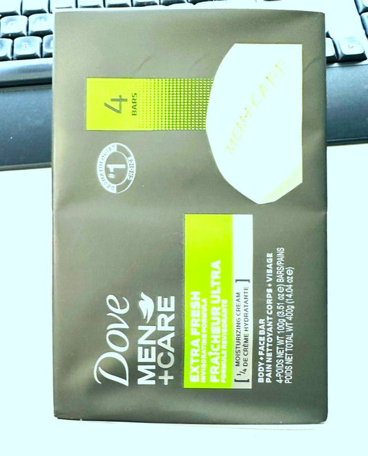 (4 PK) Dove Men+Care 3 in 1 Bar Soap for Body and Face |Hydrate Skin. Extra Fresh Invigorating - Â¼ Moisturizing  Soap - 3.51Oz each x 4 + Loofah Multicolor Jumbo size Sponge
