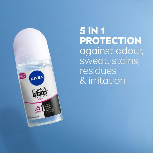 Nivea Women's Sweat Resistant Deodorant Roll-On Black & White Invisible Clear 1.7 Fu Oz (50 ml)