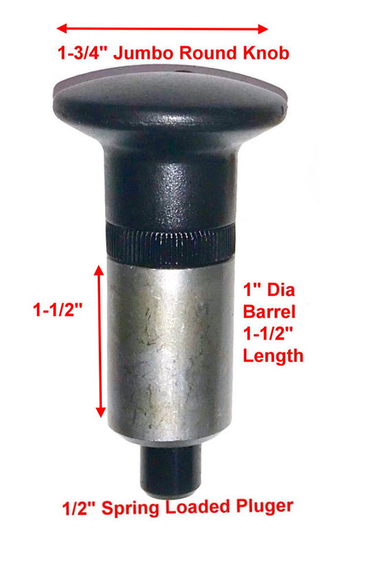 POP Pull Pin 1/2" Diameter Spring Loaded Steel Plunger - 1" Diameter x 1-1/2" Length Weld ON Steel Barrel - Jumbo Round Designer Hard Plastic Knob | Knurled Round lock Nut.
